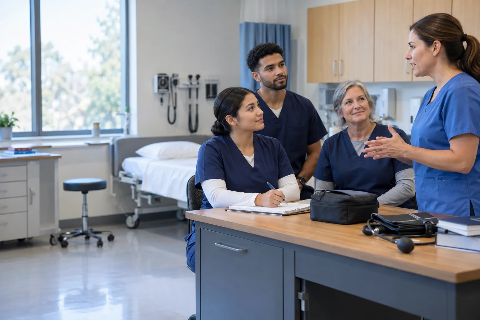 Healthcare students learning with a clinical instructor